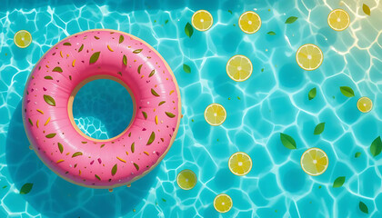 pink donut float with lemon slices floating in a blue pool.