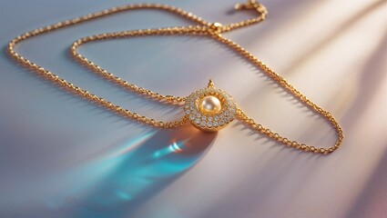 Fototapeta premium Photorealistic image of a gold necklace next to a store window