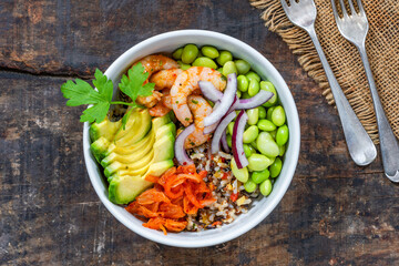 Spiced prawn, avocado and kimchi bowl - Korean inspired healthy food