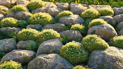 Close-up view of mossy stones arranged in a pattern.
