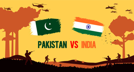 Pakistan vs India War Concept. Indo Pak war concept with fighter jets, helicopters, trees, soldiers and flags vectors. Editable eps file.