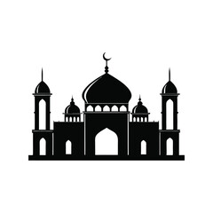 Mosque silhouette vector illustration. Islamic religious building, traditional mosque architecture, black sacred worship structure

