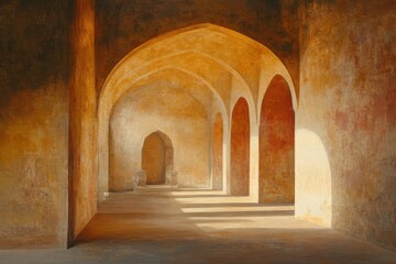 Arched Corridor with Sunlight in Golden Tones