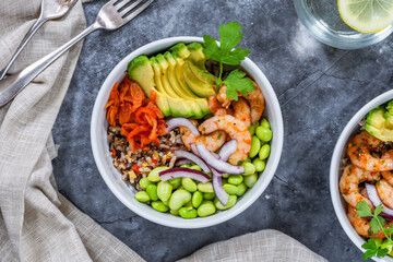 Spiced prawn, avocado and kimchi bowl - Korean inspired healthy food