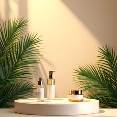 Tropical Cosmetic Display with Elegant Bottles