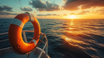 Ocean voyage at sunset: A lifebuoy ensures safety and security onboard