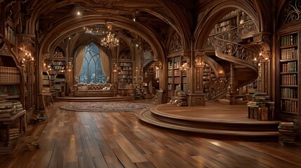 Obraz premium Grand Wooden Library Cozy Reading Room Interior.