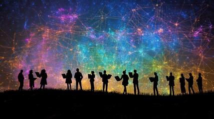 Silhouettes under cosmic brilliance witnessing celestial wonderment inspiring awe reflecting interconnectedness in universe's beauty