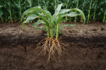 Corn Zea mays plant showing root system in fertile soil with foliage, representing agronomy, botany, agriculture and plant physiology.