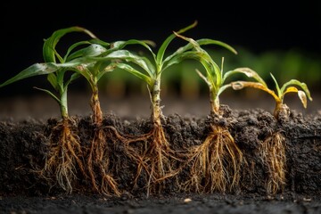 Young corn plants with visible root systems planted in rich soil, demonstrating growth stages and plant anatomy