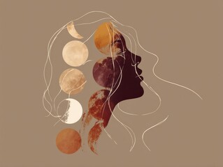 Artistic silhouette of a woman with lunar phases in warm tones against a neutral background