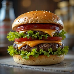 Cheeseburger with cheese, tomato and lettuce on wooden background
