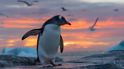 Obraz premium A lone penguin stands against a stunning sunset background with birds flying in the sky. The scene captures a moment of tranquility and beauty in nature.