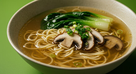 Close Up View Of A Bowl Of Ramen Noodles With Mushroom And Bok Choy In A Green Background