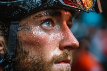 Determined Caucasian male cyclist, drenched in sweat, looks intently toward the light during an outdoor event.