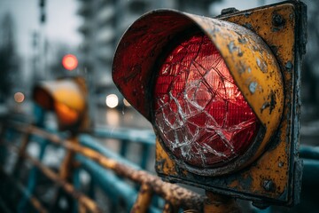 Damaged traffic signal displaying a broken red light, mounted on railing with weather elements and blurred city lights backdrop