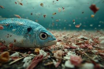 Fish Lies on Seabed Surrounded by Shells and Marine Debris in an Underwater Environment with Visible Water Pollution