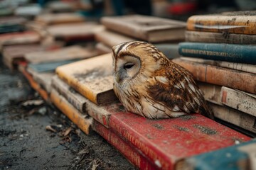 Tawny owl perched on a stack of aged and worn books, imparting a sense of knowledge and wisdom.