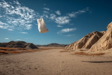 Plastic bag soars above barren desert landscape with clear blue sky and sparse shrubs, representing environmental pollution and waste.