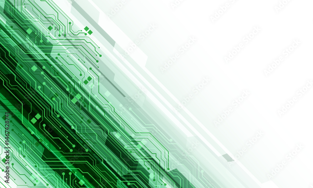 Poster Abstract green circuit board technology connected lines electronics elements computer slash dynamic geometric digital on white background vector