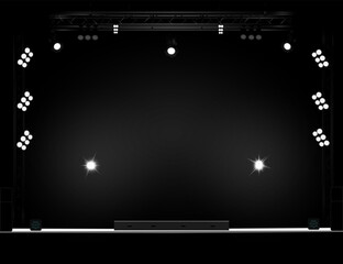 Brightly lit empty stage in black and white tones, trusses, side stands with many lights, black speakers, dark background, white platform. For events, presentations. Vector illustration EPS10.