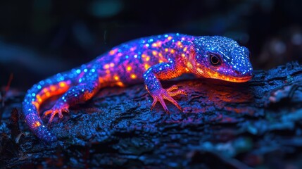 Obraz premium A vibrant, glowing lizard on dark bark.