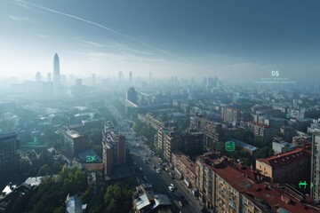 Cityscape Vista with Futuristic Overlay of Data Metrics; Aerial view of high-rise buildings and busy streets; Smog and urban concept