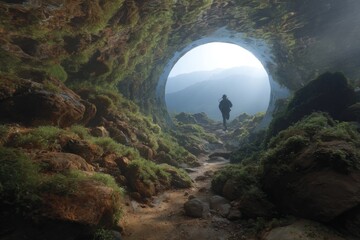 Underwater Scuba Diver Exiting a Sunlit Cave with Rugged Rocks and Moss towards Distant Mountains