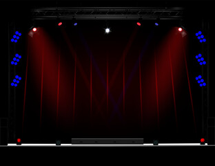 Brightly lit empty stage with red and blue lighting, trusses, side stands with round lamps, black speakers on the sides, dark background with red highlights. For events. Vector EPS10 illustration.