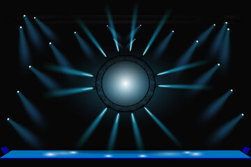 Vector illustration. Bright stage with central round screen, effectively illuminated by numerous blue spotlights. Ready stage for performance, presentation or event. EPS10.