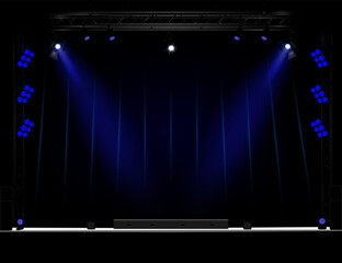 Empty stage with blue lighting, trusses with spotlights, side stands with round lights, black speakers on the sides, dark background with vertical stripes, white platform. EPS10 vector illustration.