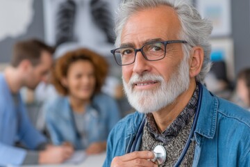 Senior doctor checking heartbeat with stethoscope, patient consultation with medical colleagues in blurred background.