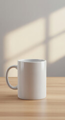 White mug on wooden table with soft natural morning light shadows - mobile wallpaper