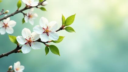 Obraz premium Intricate sakura branch pattern, white blossoms, green leaves , beauty, background, motif