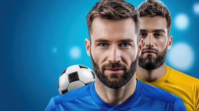 Confident Soccer Players in Blue and Yellow Jerseys with Ball