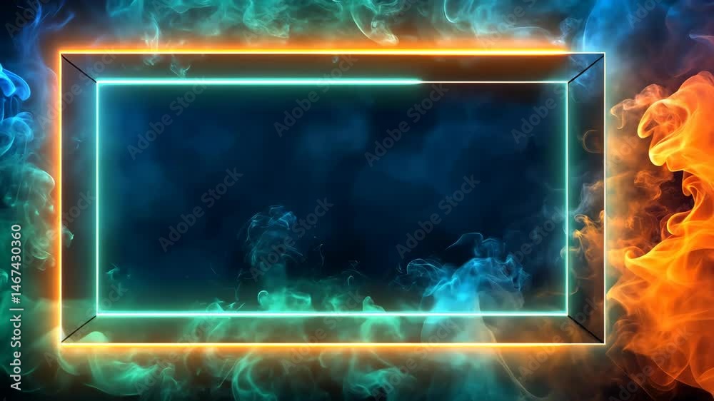 Aufkleber Neon Frame with Abstract Fire and Ice Smoke Background