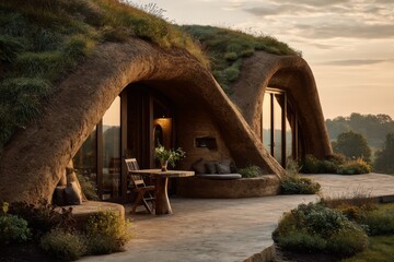 Unique Earth House Exterior with Grass Roof, Table, Chair, Landscape and Nature Views featuring Sustainable Home Design in Soft Light