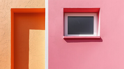 Vibrant closeup of minimalist building featuring pink wall with window and orange wall, showcasing modern architectural design. colors create cheerful and inviting atmosphere