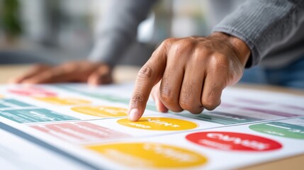 Human interaction with visual information, person pointing at a poster to communicate and display information