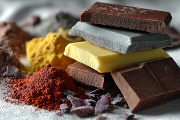 Assorted gourmet chocolate squares stacked beside piles of vibrantly colored powdered cocoa, delicious dessert arrangement