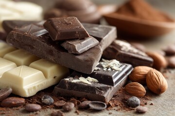 Assorted chocolate squares with almonds and cacao powder create decadent still life, ideal for confectionery promotions