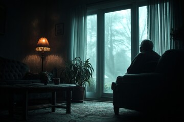 Contemplative senior sits silently indoors, gazing through window during rainy day, lit by warm lamp glow in tranquil moment.