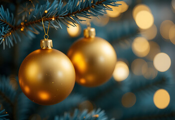 Fototapeta premium Two Gold Christmas Ornaments Hang From A Pine Tree Branch With Bokeh Lights In The Background, Festive Decoration, Holiday Season, Elegant Celebration