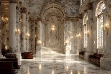 Grand Interior View of Marble Hall with Golden Accents and Natural Light Streaming Through Ornate Windows, Classical Architecture