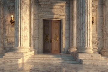 Grand Marble Entrance Facade featuring Colonnade and Intricate Doorway, Lit by Sconce Lights in Warm Sunlight