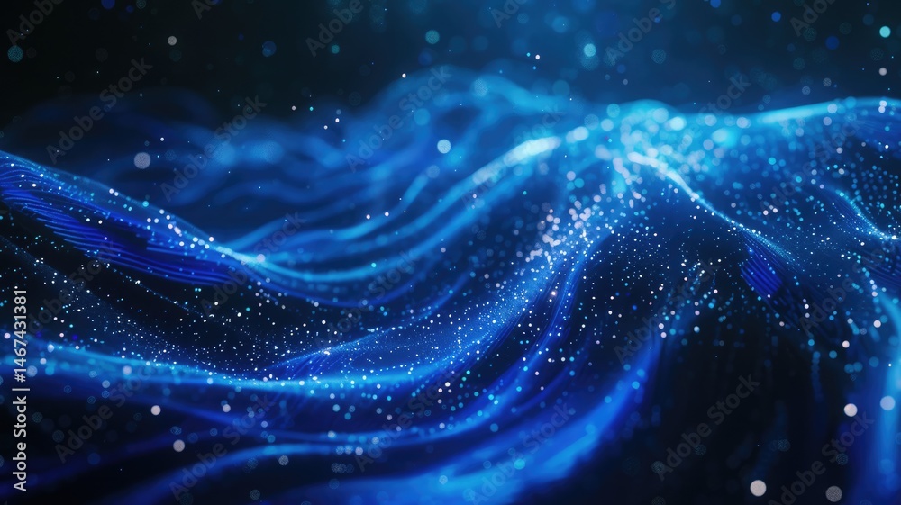 Poster abstract picture micro light sparkling particle represent data flow vivid flowing wave with high tec