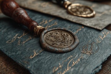 Close-up of Aged Wax Seal Stamp with Eagle on Dark Paper Covered with Antique Script, Wooden Handle