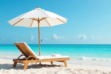 Fototapeta premium Modern white umbrella and comfy beach chair on sand, lounger, serene, beach chair