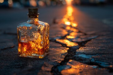Vintage Glass Bottle with Cork Stopper on Cracked Pavement at Dusk, Golden Liquid Reflection, Evening