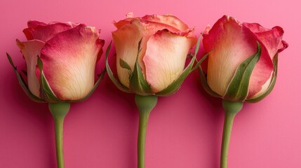Three elegant roses on pink backdrop showcase soft petals and vibrant color